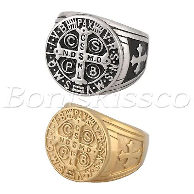 Men's Stainless Steel/Yellow Gold Plated St Benedict Exorcism Demon Protect Ring • $9.99
