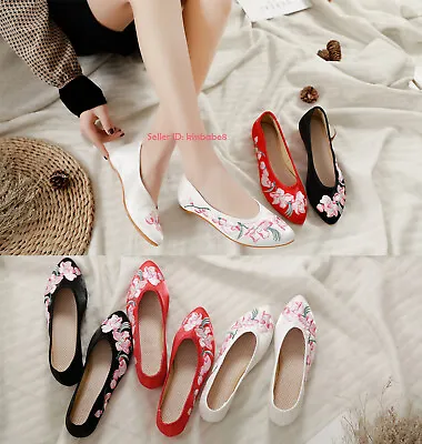 £21.48 • Buy Womens Chinese Folk Embroidered Flat Shoes Mary Jane Floral Cloth Shoes Comfort