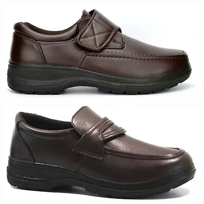 Mens Lightweight Comfort Shoes Brown Slip On Touch Fastening Wide Fit Shoes Size • £22.95