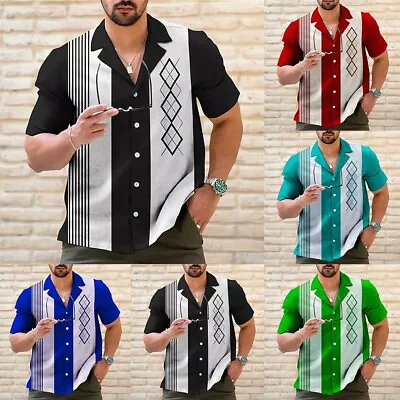 Men's Casual Short Sleeve Bowling Shirt Vintage Retro Striped Button Down Tops • $20.29