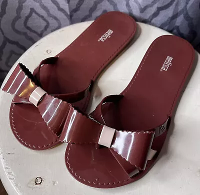 Melissa Jelly Shoes Size 8 Flip Flops Bow Sandals Open Toe Fluffy II Burgundy • $14.03