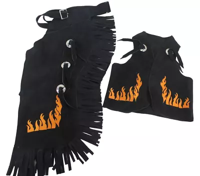 D.A. Brand Suede Leather Kid's Chap And Vest Set W/ Flames Design Horse Tack • $35