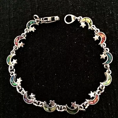 Abalone Inlay Moon And Stars Silver Tone Bracelet - 35 • $8.50