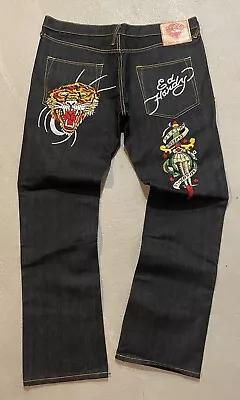 Vintage Ed Hardy Jeans By Christian Audigier 40x34 Blue Dark Wash Baggy Hip Hop • $198.99