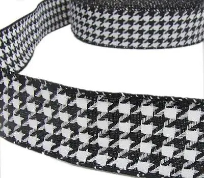 5 Yards Black White Houndstooth Herringbone Woven Wired Ribbon 1 1/2 W • $4.95