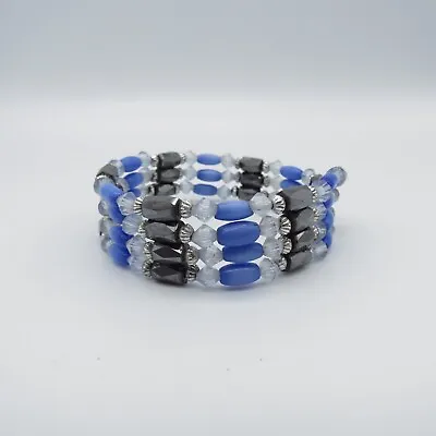 Wrap Beaded Bracelet Adjustable Size Blue Black Magnetic Hematite Boho Bracelet • $7.64