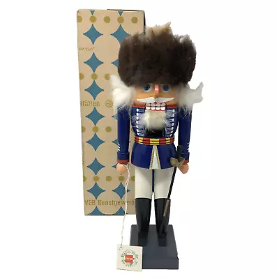 Vtg Erzgebirgische Volkskunst Nutcracker SOLDIER 11  GDR Blue Uniform Fur Hat • $65