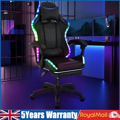 Gaming Chair With RGB LED Illuminat Ergonomic Computer Chair Swivel Office Chair • £95.99