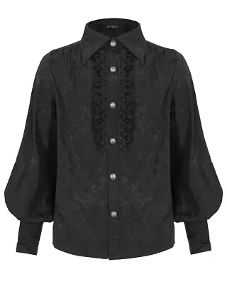 Devil Fashion Gothic Steampunk Dress Shirt Black Jacquard Pleated Lace Ruffle • £59.99