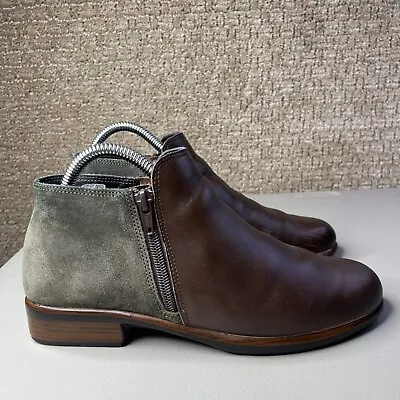 NAOT Helm Bootie Double Zip Pecan Leather Olive Suede Ankle Boots Women's 37 • $42.99