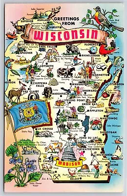 Greetings From Wisconsin State Map~Madison~Spooner~Eau Claire~Vintage Postcard • $3.49