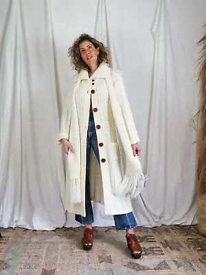 Vintage 70's Ivory Boho Long Cable Knit Scarf Duster Sweater Maxi Coat / S/M • $284