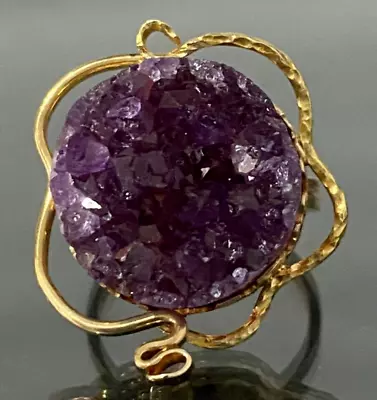 Vintage 14K Solid Yellow Gold & Amethyst Crystal Cocktail Ring Size O  -  7 • $645.10