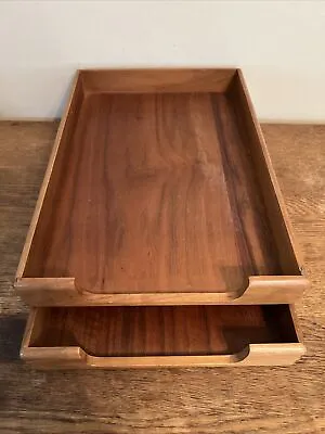 2 Vintage Teak Wood Desk Trays Paper File Legal Letter Organizer Dovetail In Box • $99