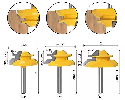 3PACK 45 Degree Lock Miter Router Bit Set 1/4 Shank 1/2 5/8 3/4 Cutting Height • $20.98