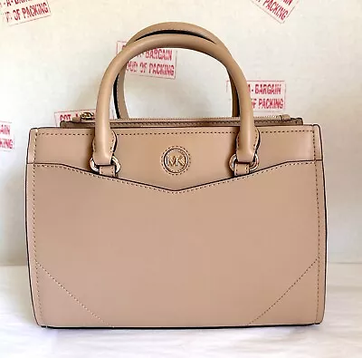 Michael Kors Everly Medium Beige Camel Saffiano Leather Satchel Crossbody Bag • $154.98