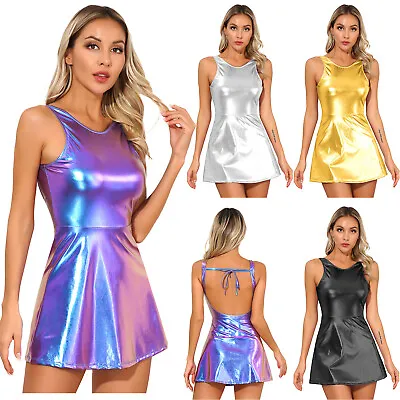  Womans Shiny Hologram Skater Flared Dress Wet Look Holographic Swing Mini Dress • $11.15