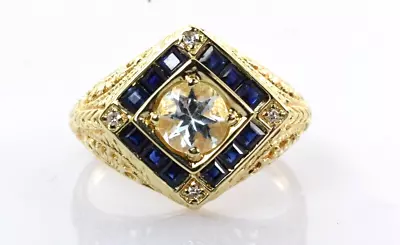 Vintage Aquamarine Sapphire & Diamond Ring 14k Yellow Gold 1.17 Carats Size 6 • $424.99