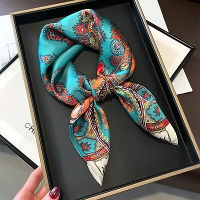 100% Silk Square Scarf Women Vintage Blue Paisley Kerchief Headscarf Tied 65cm • $13.72