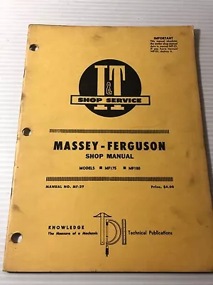 B I &T Implement & Tractor Shop Manual MASSEY-FERGUSON MF-29 MF175 MF180 • $9.99