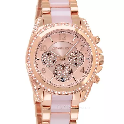 Michael Kors Blair Womens Glitz Chronograph Watch Rose Gold Pink Pave Crystals • $125.58