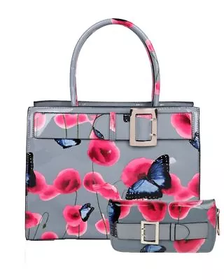 Ladies Butterfly Print Shoulder Hand Bag Purse Poppy Flower Patent Designer New  • £24.99