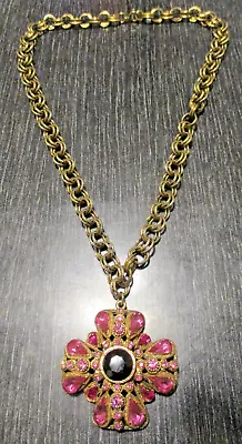 Vintage Sphinx Maltese Cross Pink Rhinestone Pendant Gold Tone Ornate Necklace • $125
