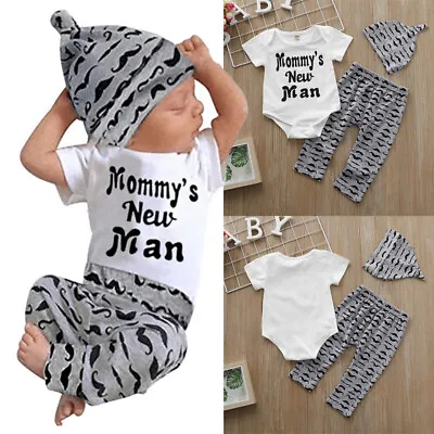 Newborn Baby Boy Romper Clothes Print Tops Jumpsuit Long Pants Hat Outfit Set • $15.99