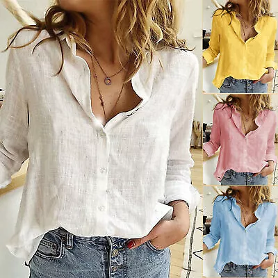 Womens Linen Cotton Shirt Button Up Tops Long Sleeve Casual Loose Blouse • $13.99