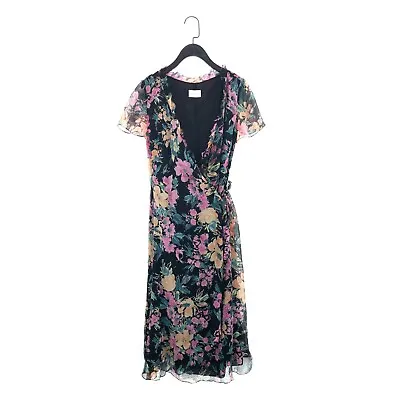 Caroline Charles Designer Black Floral Silk Midi Wrap Dress - Size 10 • £78