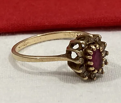 Vintage Signed 10k Solid Yellow Gold Red Ruby & Diamond Halo BAND RING SIZE 6 • $279.95