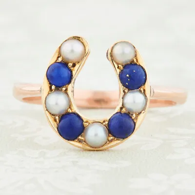 Pearl And Lapis Lazuli Horseshoe Ring - Antique - 18ct And 9ct Gold - Size P ½ • £690