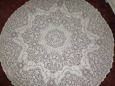 Vintage Quaker Lace Tablecloth Ivory Graceful Flowers 70  Round Tag Loops • $52