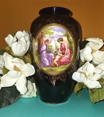 Vase Hand Painted Central Cartouche Scenic Royal Vienna Cobalt Gild Porcelain • $55