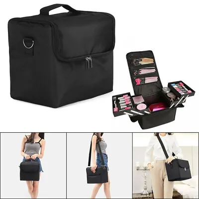 Large Beauty Box Foldable Make Up Jewelry Cosmetic Nail Tech Storage Case Black • £17.99