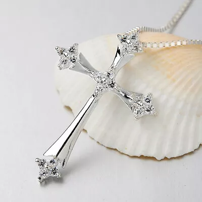 925 Sterling Silver White Clear CZ Cross Pendant Necklace With 18  Box Chain D28 • $15.95