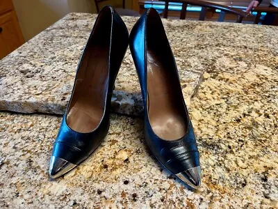 Donald J Pliner Ville Black Silver Pointed Cap Toe Leather Heels Size 8.5 • $49