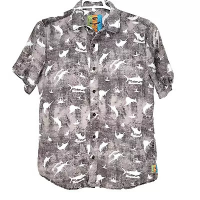 Margaritaville Mens Medium Linen Hawaiian Button Up Fish Shark Print Shirt • $13.53