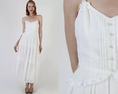 Vtg Plain White Cottagecore Sundress 70s Shoulder Tie Peplum Prairie Sundress • $81.70