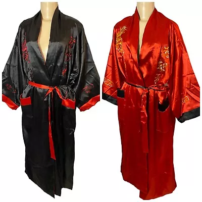 Novelty Reversible Black Red Women Kimono Yukata Satin Embroidery One Size Robe • £42.47