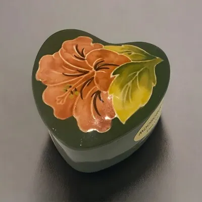 Vintage Heart Shaped Moorcroft Pottery Green Trinket Box With Hibiscus Pattern • $47.01
