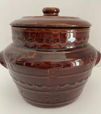 Marcrest Daisy & Dot Brown Ceramic Oven Proof Stoneware Bean Pot & Lid • $28.99