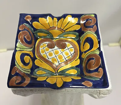 Mexico Pottery Ashtray Talavera  Hand Painted Square Shape Heart Center 5” • $12.99