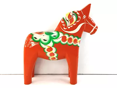 Vintage DALA HORSE - GA Olsson 8  Orange Hand-Painted Carved Wood - Mora Sweden • $75