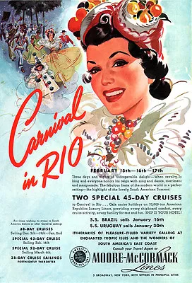 Carmen Miranda Carnival In Rio MOORE-McCORMACK Cruise Line SOUTH AMERICA 1941 Ad • $24.99