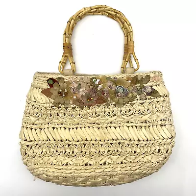 Vintage 90s Cappelli Straworld Woven Straw Wooden Handle Floral Applique Handbag • $24