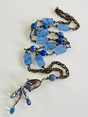 Vtg Blue Necklace Czech Art Glass Molded Crystal Rare Collar Beaded Tassel 1960s • $35