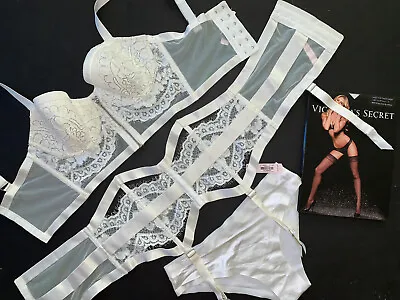Victoria's Secret Longline 32D BRA SET+M Garter+S Panty WHITE Silver Foil BRIDAL • £134.98