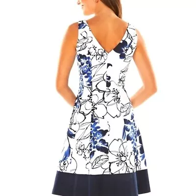 Chaps Women's Sz 12 Blue White Floral Sleeveless V-neck Midi Dress Fit N Flare • $24.99