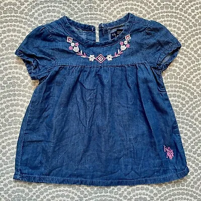 Ralph Lauren Polo Baby Girl Denim Embroidered Tunic Top - 3-6 Months Blue & Pink • £2.95